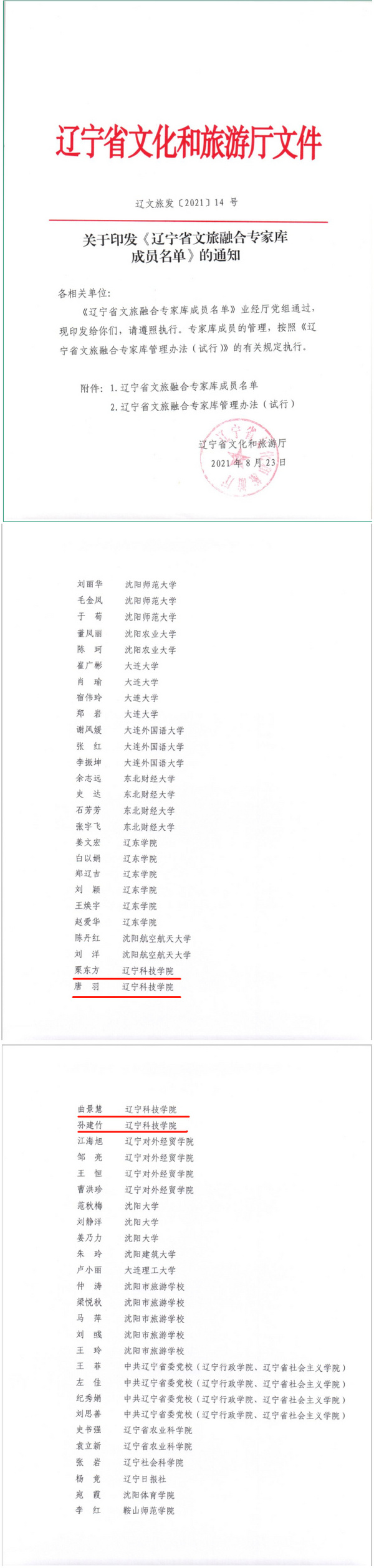 辽宁科技学院4位教师首次入选“辽宁省文旅融合专家库”成员